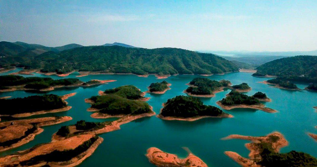 航拍位于澧县的湖南涔槐国家湿地公园主体景区山门水库