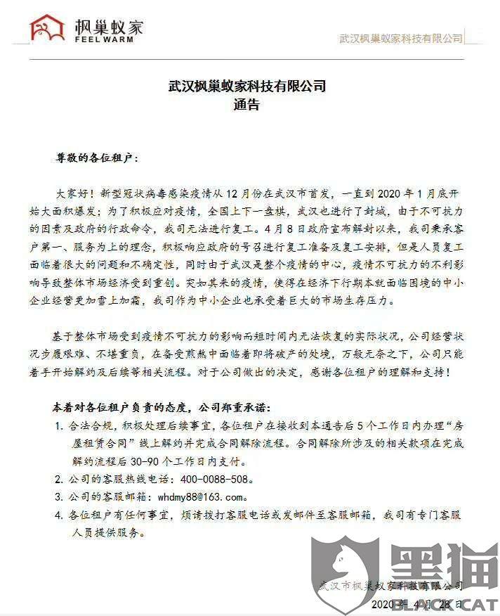 黑猫投诉 房租维权 武汉蜂巢蚁家科技有限公司 新冠肺炎 新浪新闻 黑猫投诉 房租维权 武汉蜂巢蚁家科技有限公司 新冠肺炎 新浪新闻