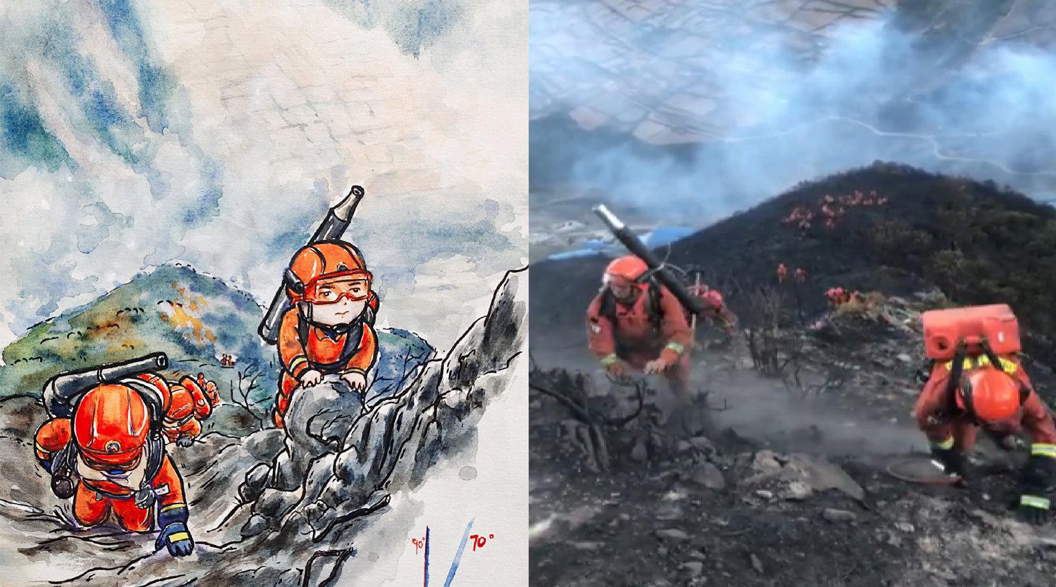 全职妈妈手绘扑火漫画:希望消防员们平安归来