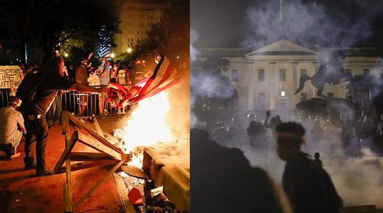 示威者白宫外点燃美国国旗白宫黑了
