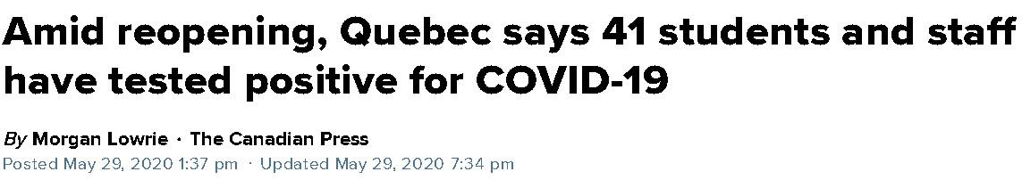 △加拿大环球电视新闻5月29日报道魁北克省宣布41个学生和工作人员感染了新冠病毒