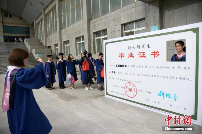 资料图：毕业生在创意毕业证书背景板后排队留影。中新社记者 武俊杰 摄