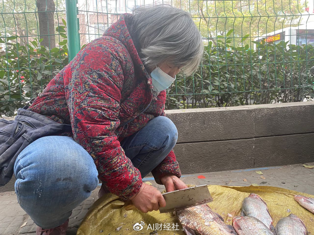图说：武汉路边摆摊的老奶奶，70岁了，头发花白，她不知道社区团购，只知道农贸市场降价了，她就得跟着降，“总得过生活”。