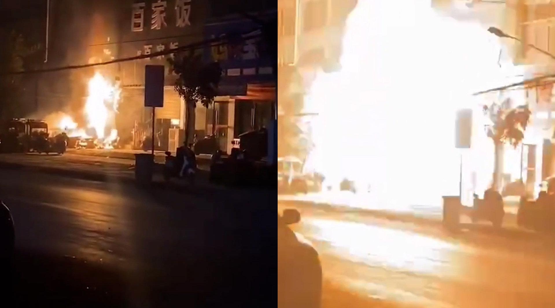 安徽宿州燃气销售点起火爆炸 煤气罐喷出数米高火焰