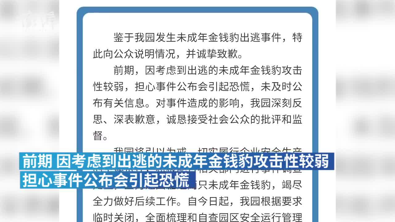 杭州野生动物世界就金钱豹出逃致歉：担心引恐慌未及时公布