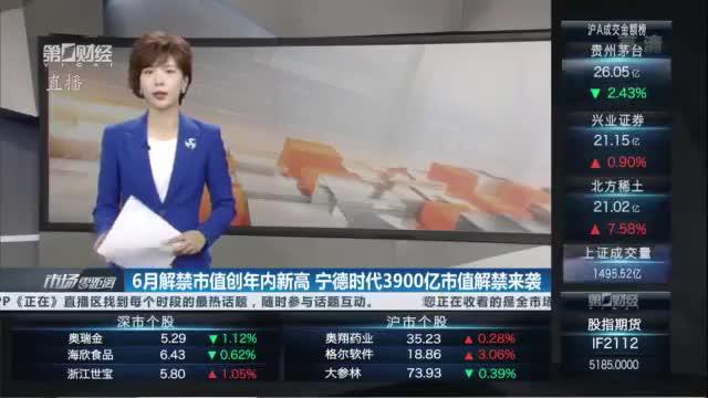 6月解禁市值创年内新高 宁德时代3900亿市值解禁来袭