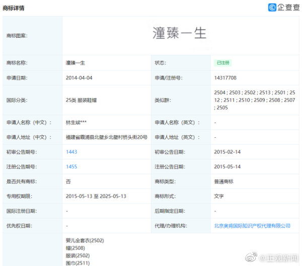 林生斌注册8个潼臻一生商标未发现公益分类 新浪新闻 林生斌注册8个潼臻一生商标未发现公益分类 新浪新闻