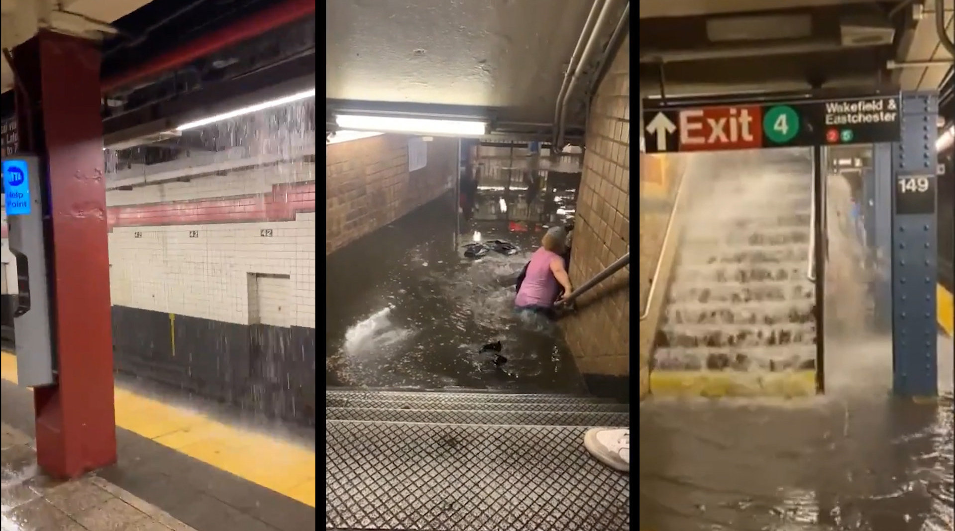 美国纽约暴雨后 地铁内俨然成了"水上世界"