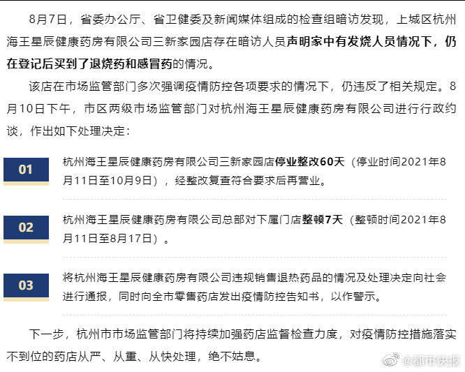 因向发烧人员出售退烧药和感冒药杭州海王星辰健康药房被查 新浪财经 新浪网