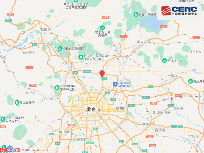 中国地震台网自动测定：北京顺义区附近发生2.1级左右地震