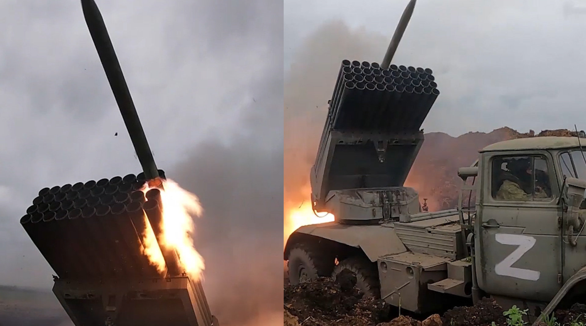 俄军冰雹火箭炮向乌军密集开火现场炮弹持续猛攻硝烟弥漫