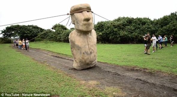 3组志愿者分别站在巨石像两侧和后面，后面的志愿者负责防止巨石像脸朝下摔倒。