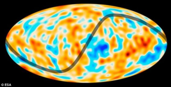 宇宙微波背景辐射的温度在其中一侧（图像中的右侧）波动较大，说明宇宙可能呈弯曲状