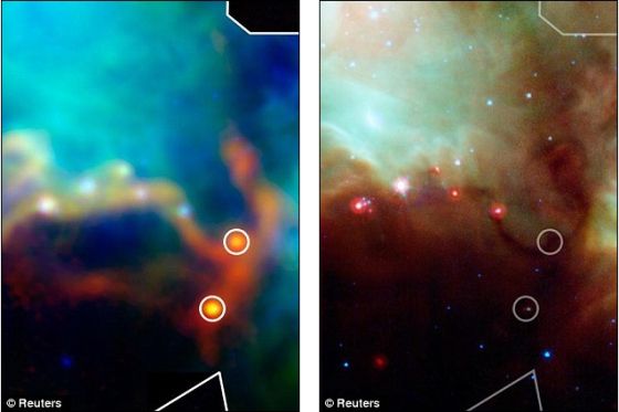新细节：赫歇尔太空望远镜能够发现非常年轻的恒星（左）发出的红外光信号，而以前的扫描则无法发现（右）