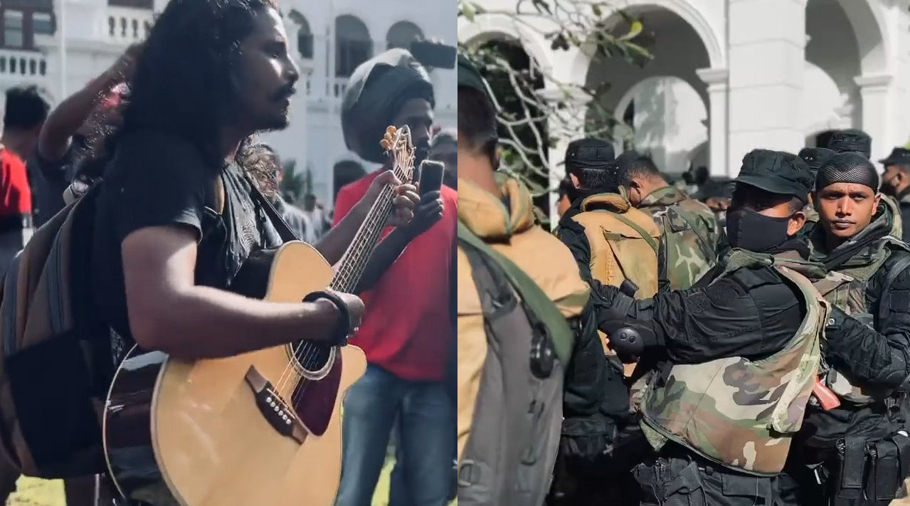 斯里兰卡抗议者在总理办公场所弹吉他唱歌