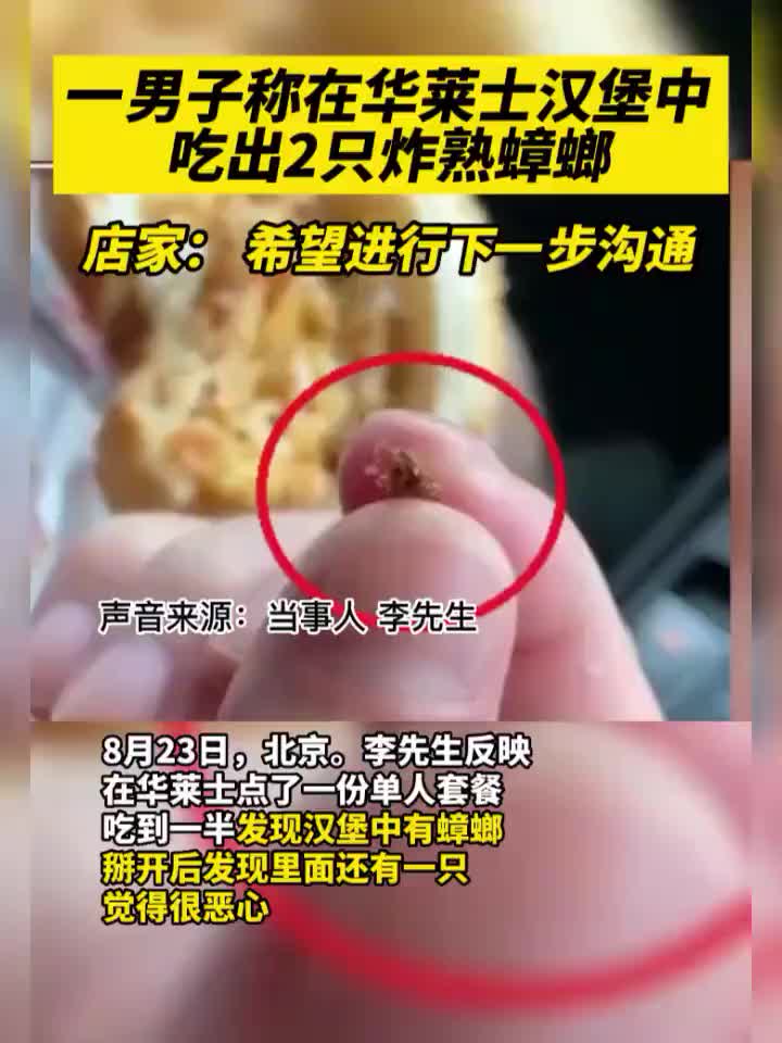 男子华莱士汉堡中吃出2只炸熟蟑螂，店家：希望进行下一步沟通