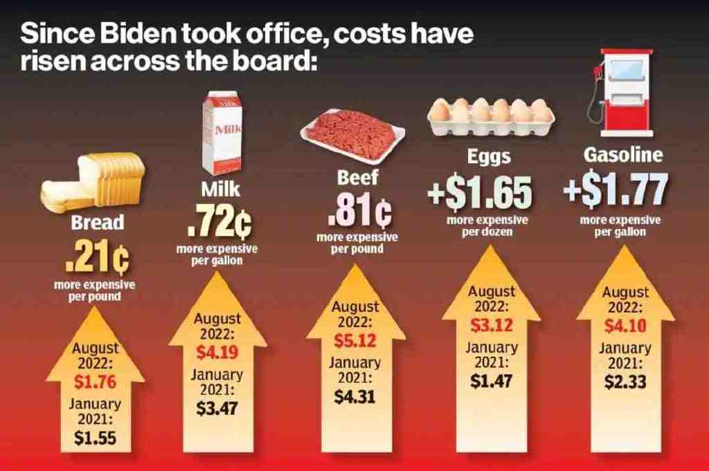  拜登上任以来美国部分物价上涨情况 图源：《纽约邮报》