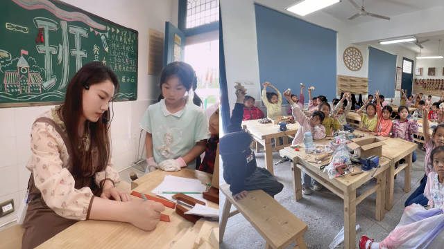 小学生在学校当上木工师傅