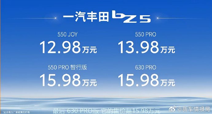 一汽丰田bZ5上市 售价12.98-15.98万