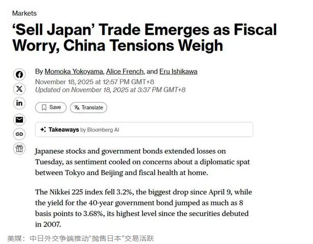 美媒：中日外交争端推动“抛售日本”交易活跃