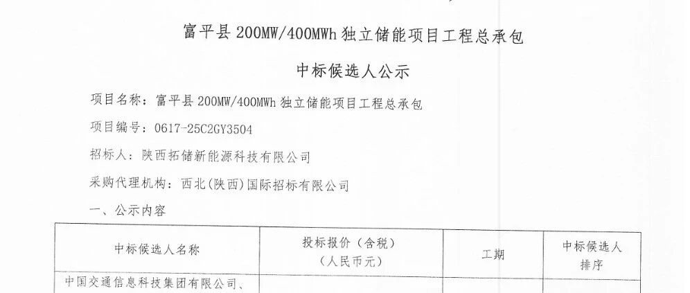 0.75元/Wh,陕西200MW/400MWh储能EPC中标候选人公示|陕西省|电力|研究院|通信|富平县_新浪财经_新浪新闻