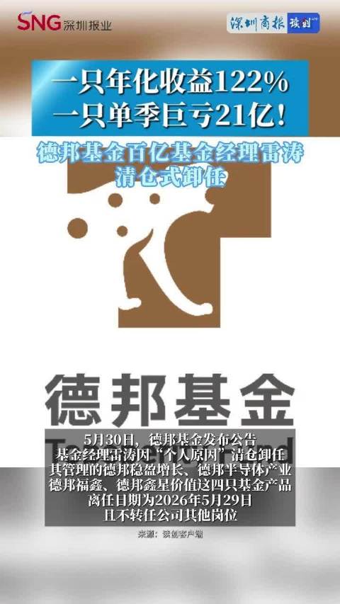 德邦基金雷涛清仓式减持：一只产品年化收益122%，另一只单季亏损21亿