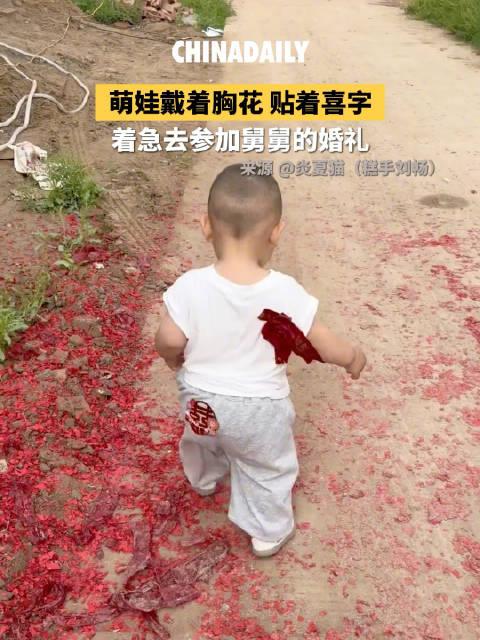 萌娃戴胸花贴喜字兴冲冲参加婚礼