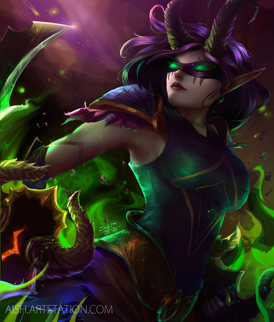 国外画师doubi超赞魔兽画作:性感血精女恶魔猎手和年轻版吉安娜.