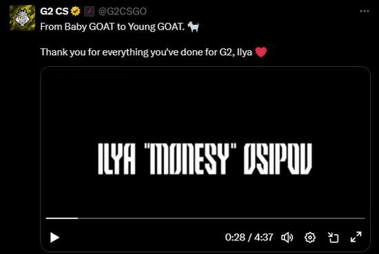 “从Baby GOAT成长为青年GOAT，感谢你为G2所做的一切，Ilya”