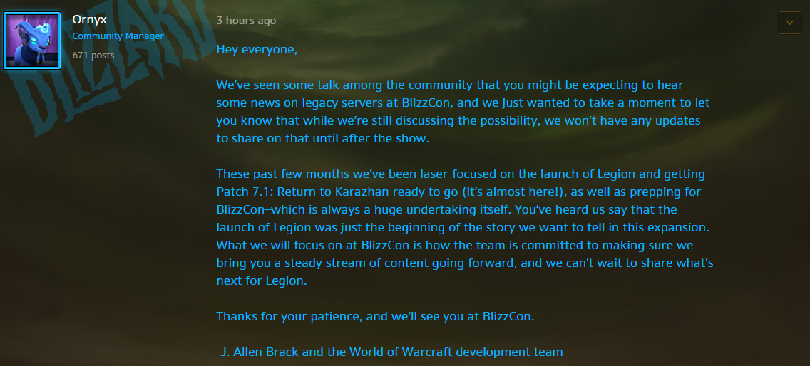 暴雪回应N服：嘉年华将公布怀旧服消息