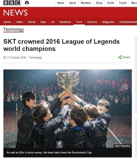 SKT夺冠登BBC新闻首页 电竞影响力正逐渐增加