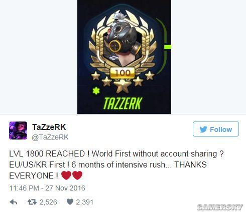 这也能肝？守望先锋玩家突破1800级 耗费1700小时