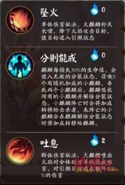 　　其他麒麟的技能数据可以参考【觉醒材料副本】中boss技能，狩猎战麒麟技能只是在此基础上添加了技能【分则能成】。