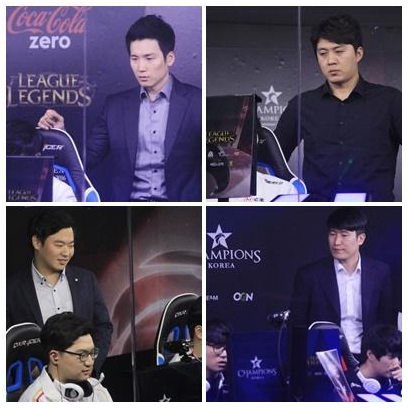 左上角起顺时针方向：JAG韩相泳、SKT崔炳勋、ESC金佳蓝、MVP全载焕