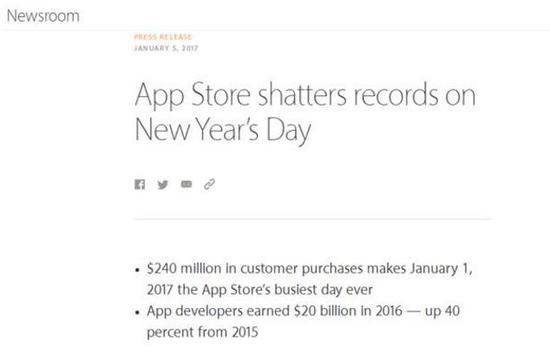 App Store 2016年给开发者分成200亿美元
