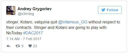 Andrey Grygoriev说StingeR和Kotarō Hayama将会加入美洲队伍Not Today。