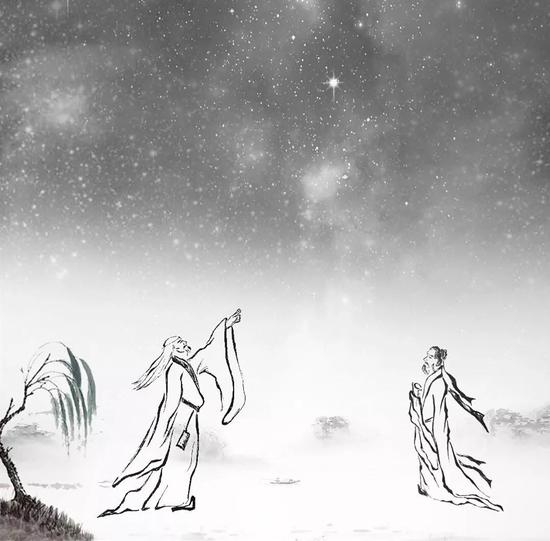 古琴悠悠，寥寥数笔，几条简单的线条勾勒出两位道人纵情天地、肆意人间的洒脱