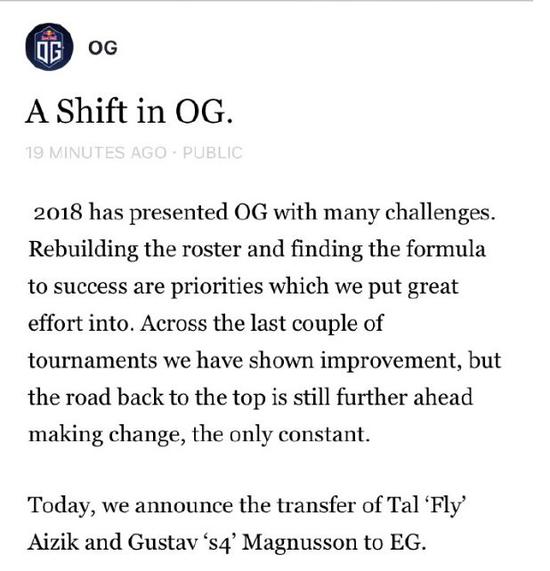 Og官博宣布Fly与S4离队