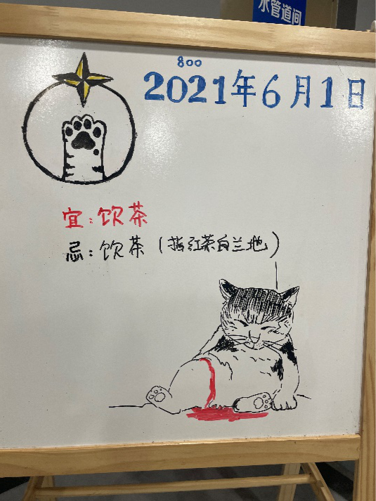 公司里用来通知杂务的白板，有时候出纳也会在上面画一只猫