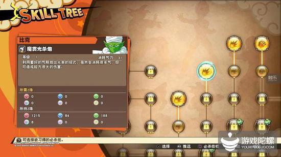 游戏中的技能树。某些技能（比如魔贯光杀炮）是剧情解锁的，某些技能需要通过完成挑战来习得
