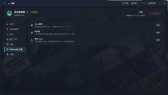 图4：Minecraft 工具页集中提供 Java 管理、启动器和常用 mod 入口。