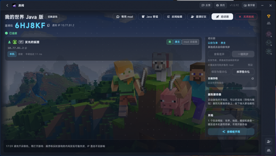 图2：联机房间页。左上角是邀请码与虚拟 IP，中间显示成员与连接状态，右侧是联机相关工具。