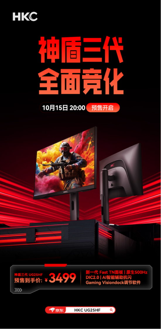 HKC神盾三代UG25HF預(yù)售開(kāi)啟：原生500Hz高刷Fast TN面板，3499元?jiǎng)χ嘎殬I(yè)電競(jìng)