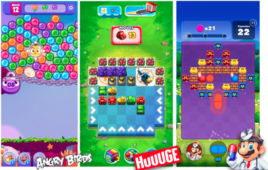  《愤怒的小鸟梦幻爆破》（左），《Traffic Puzzle》（中），《Dr Mario World》（右）