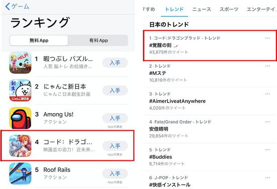 iOS免费榜第四（左）、twitter热搜榜第一（右）