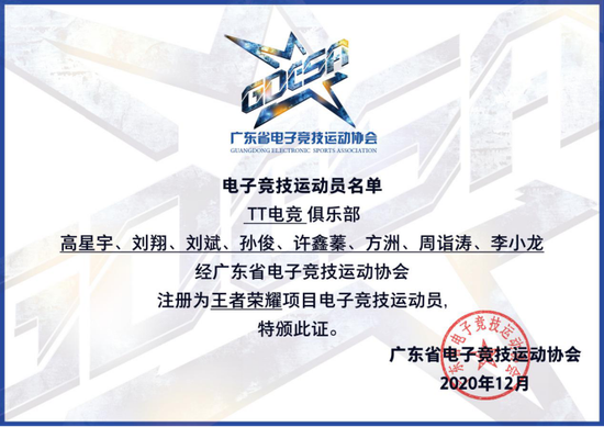 tt电竞8名职业选手正式成为广东省电子竞技运动协会的注册运动员