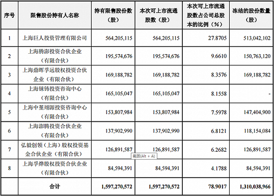巨人网络本次限售股解禁明细