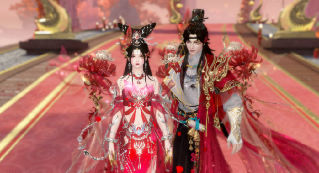 男女款时装彼此呼应，共同构成“大婚之日，十里红妆”的主题氛围