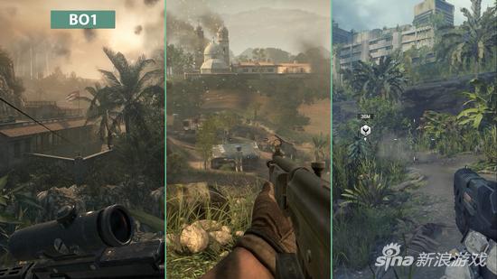 植被的差别（左起分别是黑色行动1、2、3）