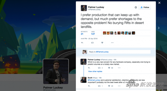 Oculus创始人Palmer Luckey发推文称，宁愿供不应求，也不愿意供过于求